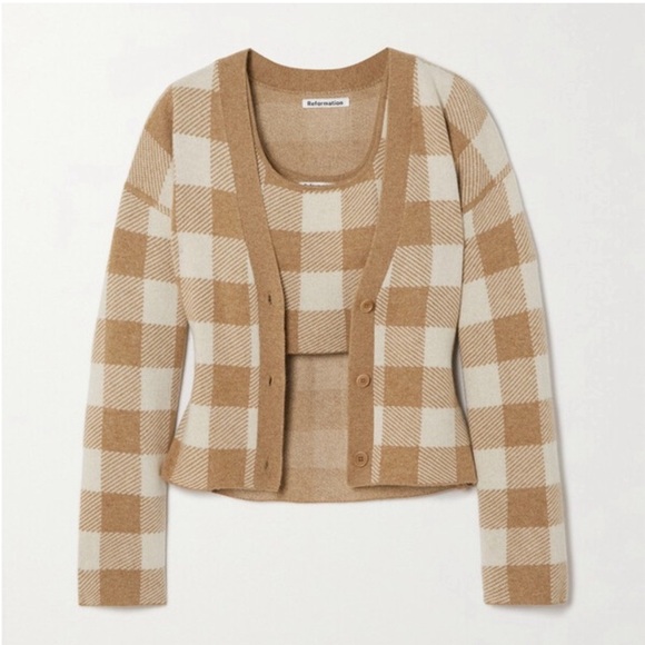 Reformation Sweaters - Reformation Fonte Plaid Tank + Sweater Set - Gossamer / Camel Check